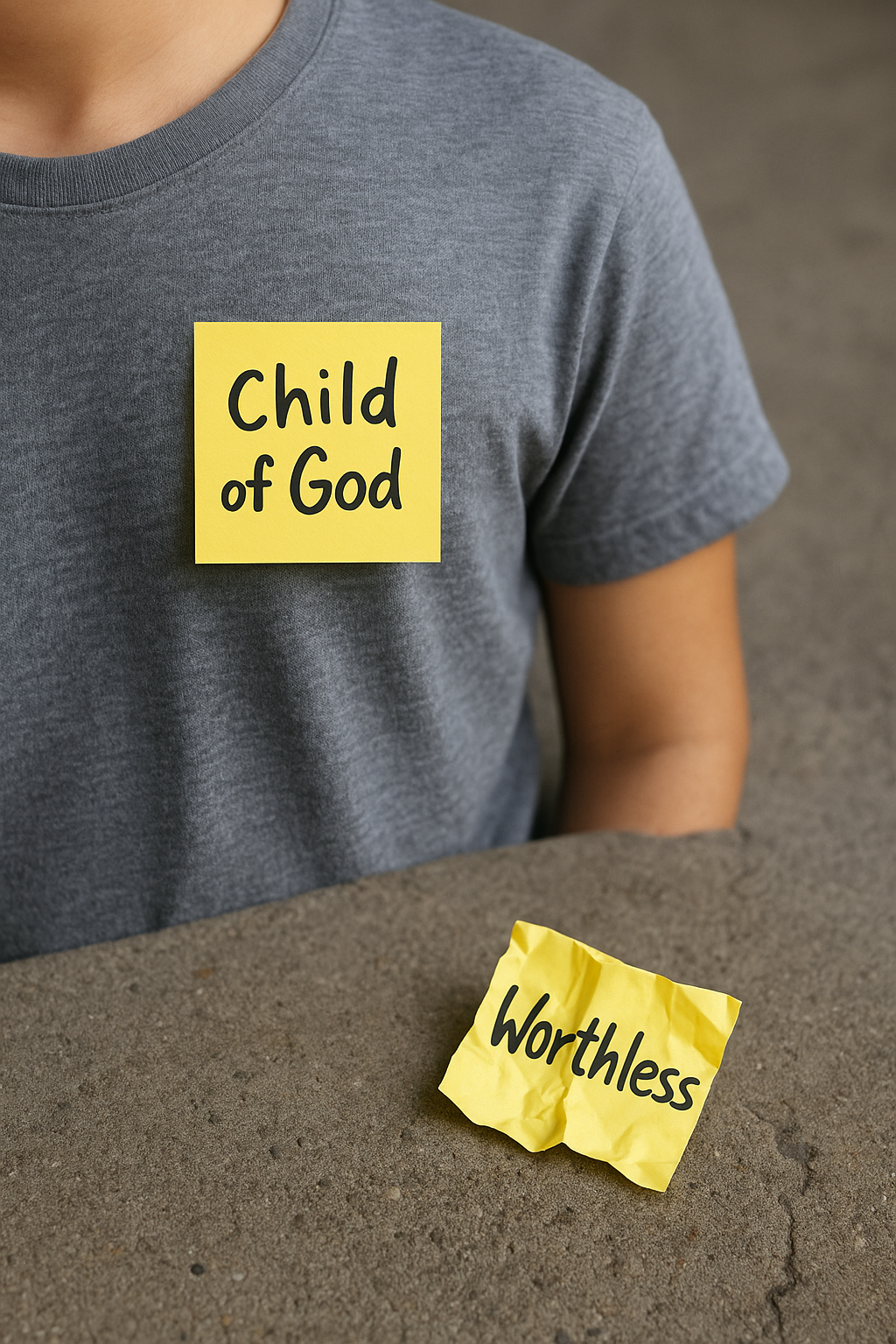 Teen holding sticky note labeled ‘Child of God’ with crumpled ‘Worthless’ note below.