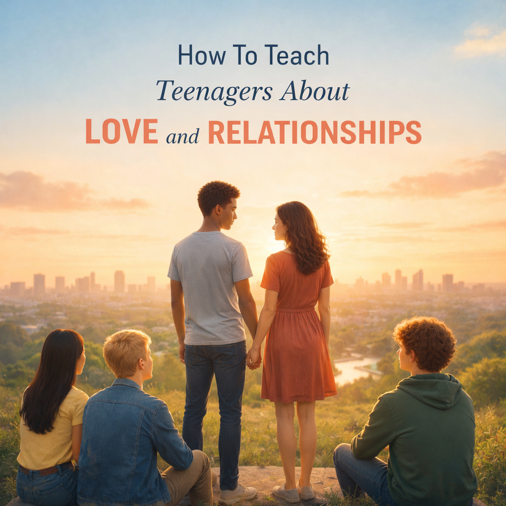 Teenagers sitting on a hill overlooking a city at sunset while a couple stands together in the foreground, representing a youth ministry lesson on teaching teens about love and relationships.