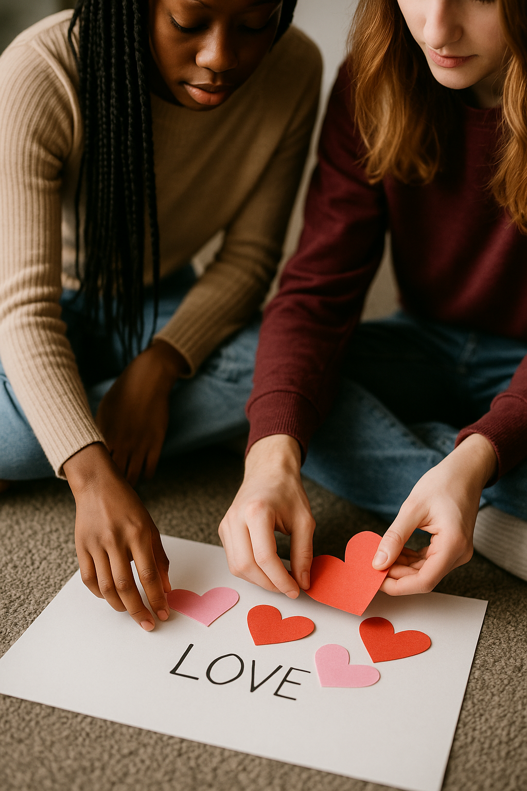 A photograph of two young individuals sitting on a carpeted floor, carefully placing red and pink paper hearts onto a white poster with the word “LOVE” written on it.
