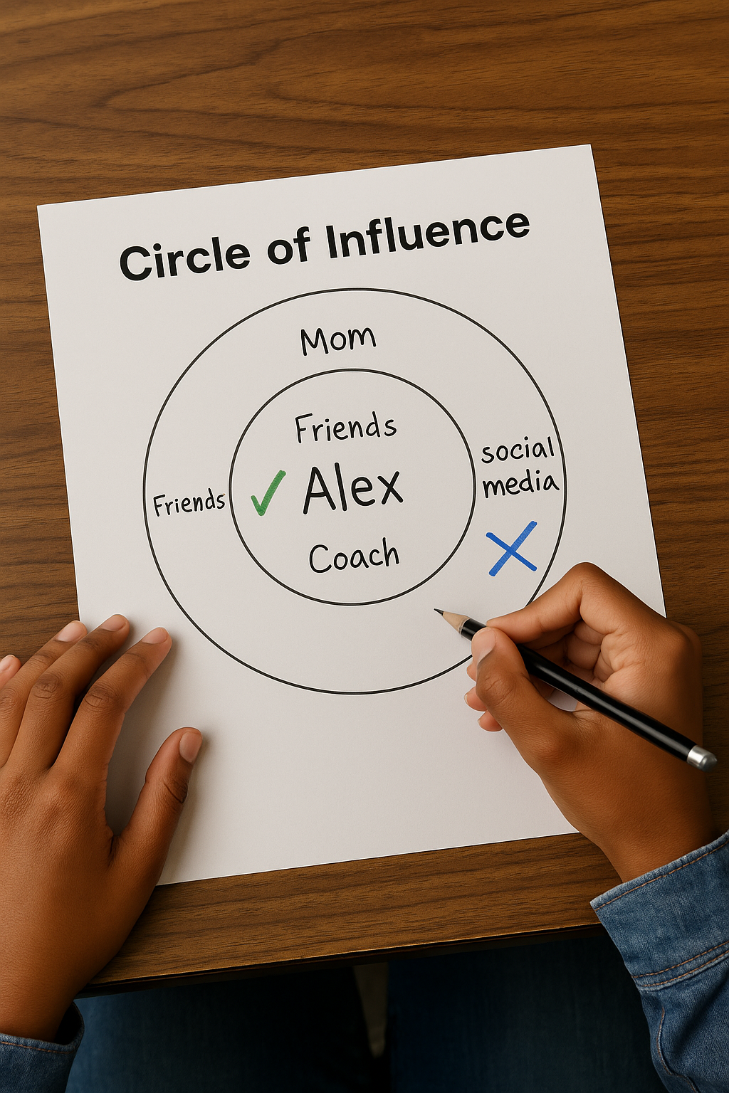 A photograph shows a student’s hands drawing a “Circle of Influence” on paper with a pen. The paper is on a classroom desk, and other students’ materials are faintly visible in the background.
