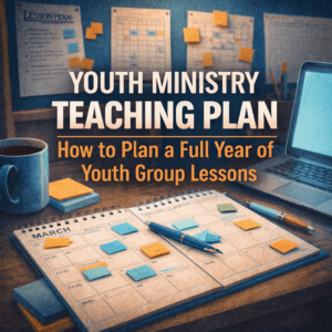 blog post image for how to plan a full year of youth group lessons featuring the busy desk of a youth pastor