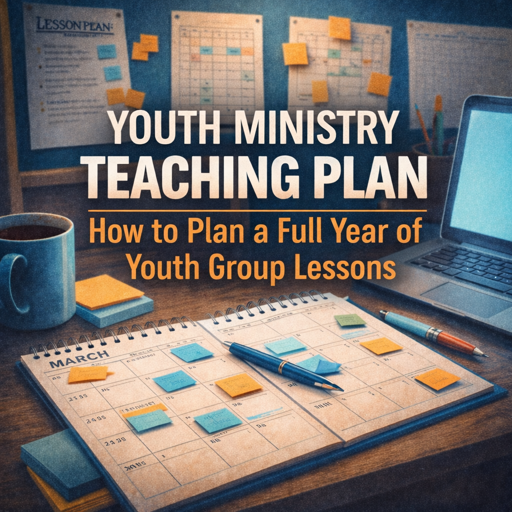 blog post image for how to plan a full year of youth group lessons featuring the busy desk of a youth pastor