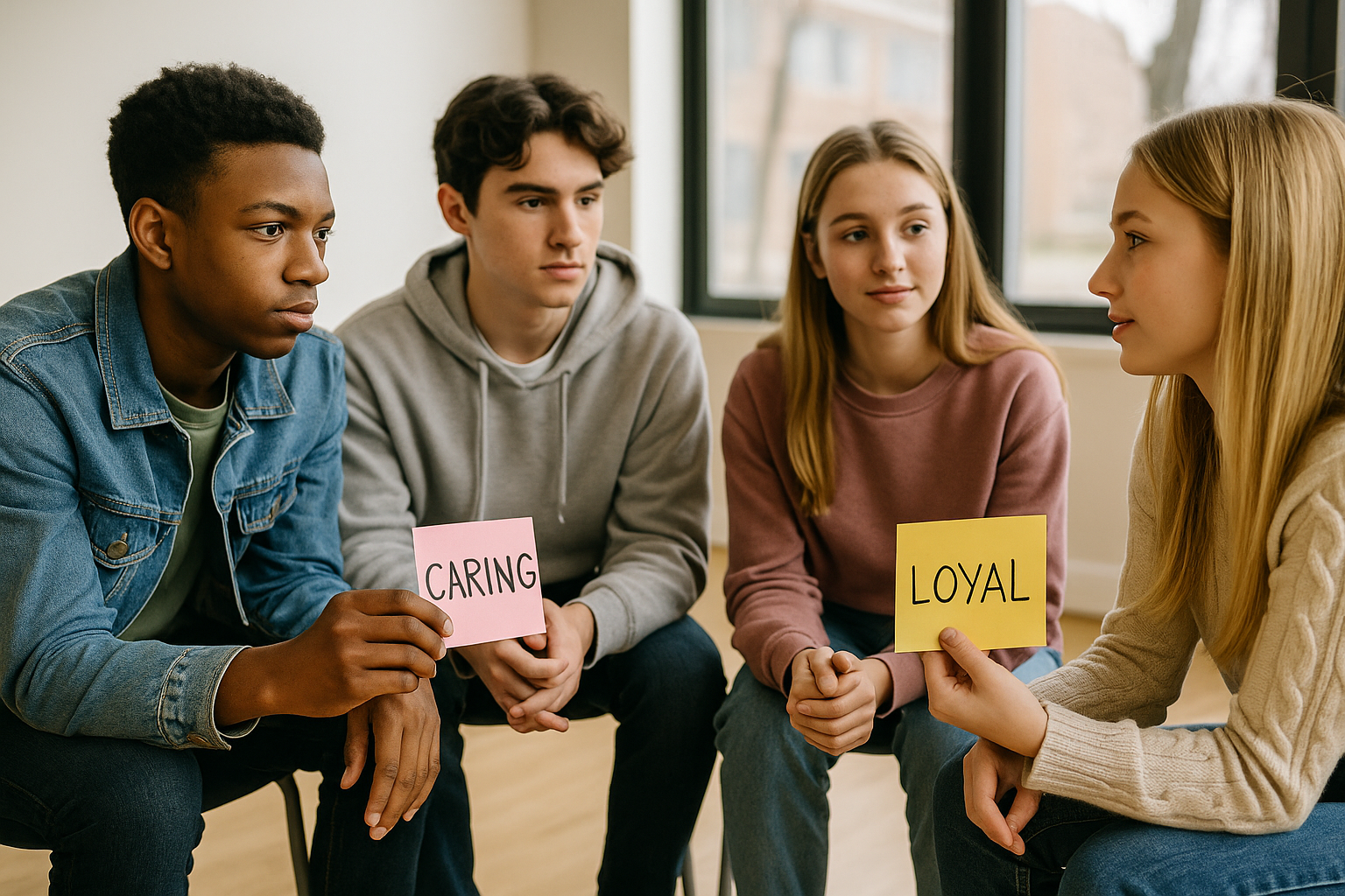 A photograph captures four teenagers, two males and two females, sitting in a circle on a youth room floor, engaged in focused conversation. One teen is speaking while the others listen attentively, illustrating the depth of intentional friendship.