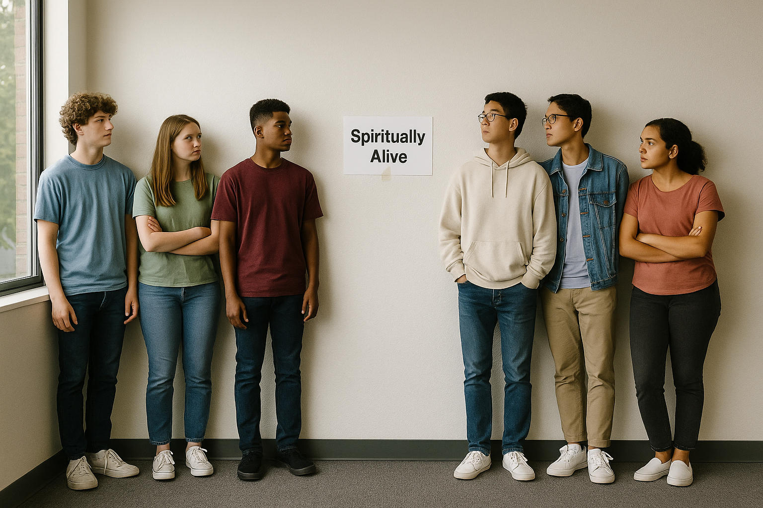 A photograph captures six teenagers with diverse appearances standing in a line inside a classroom, positioned between invisible markers labeled “Spiritually Cold” and “Spiritually Alive.” They face the same direction with reflective expressions, emphasizing a metaphorical journey toward spiritual vitality.