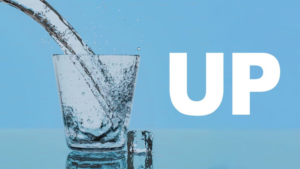 G Shades youth ministry series graphic "UP" featuring a cup with water pouring into it on a light blue background