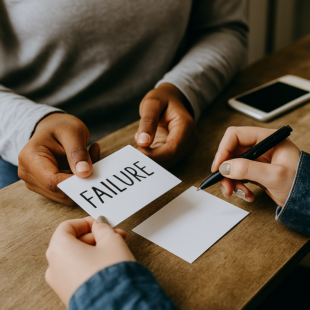 A photograph shows a close-up of two individuals engaged in an activity involving index cards—one card labeled "FAILURE"—on a wooden table, symbolizing a reflective moment about rejection and growth.
