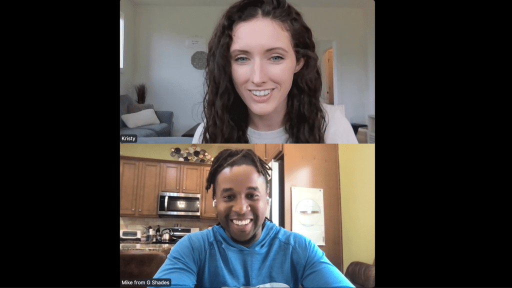 G Shades creator Mike Haynes on a Zoom call with a smiling young woman talking about G Shades Youth Ministry Curriculum.