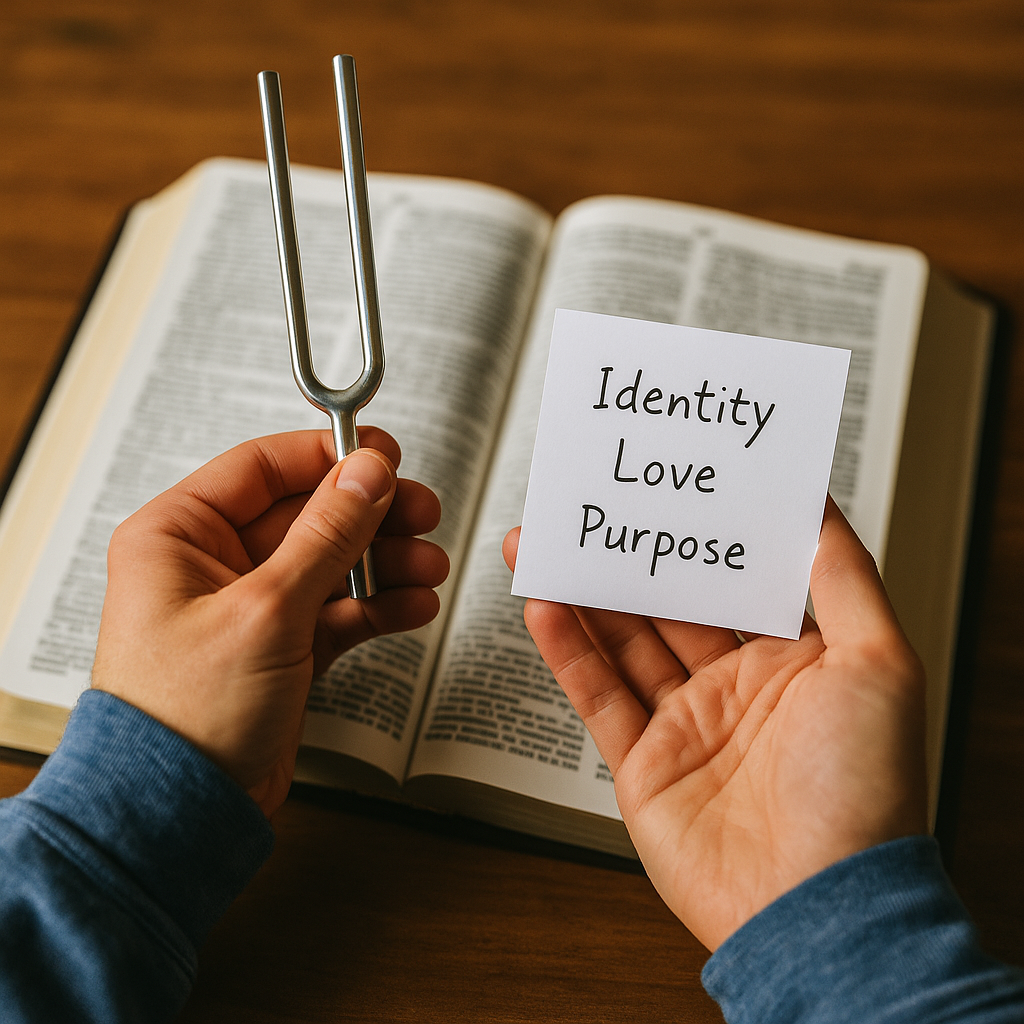 A photograph shows a person’s hands holding a tuning fork and a handwritten card that says “Identity, Love, Purpose,” positioned above an open Bible on a wooden table.