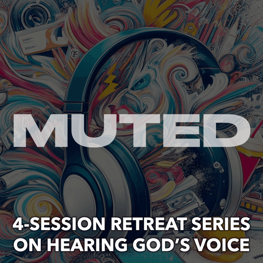 G Shades youth ministry retreat series "Muted" featuring a darkened paid of headphones surrounded by chaotic and colorful drawings with the series title and description overlaid