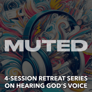 G Shades youth ministry retreat series "Muted" featuring a darkened paid of headphones surrounded by chaotic and colorful drawings with the series title and description overlaid