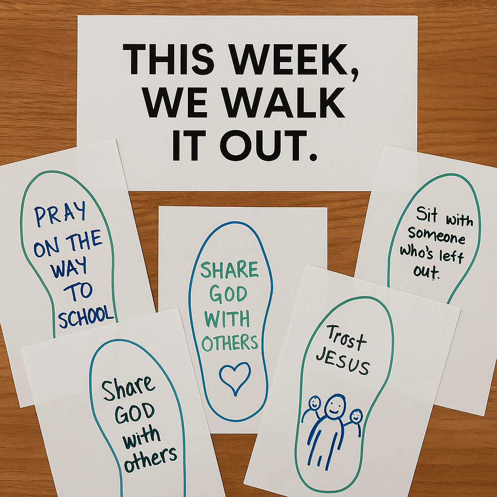 A photograph captures a collection of shoe outline drawings on white paper, each filled with handwritten faith-based actions like "Pray on the way to school," "Trust Jesus," and "Share God with others," arranged around a bold sign reading “THIS WEEK, WE WALK IT OUT.”