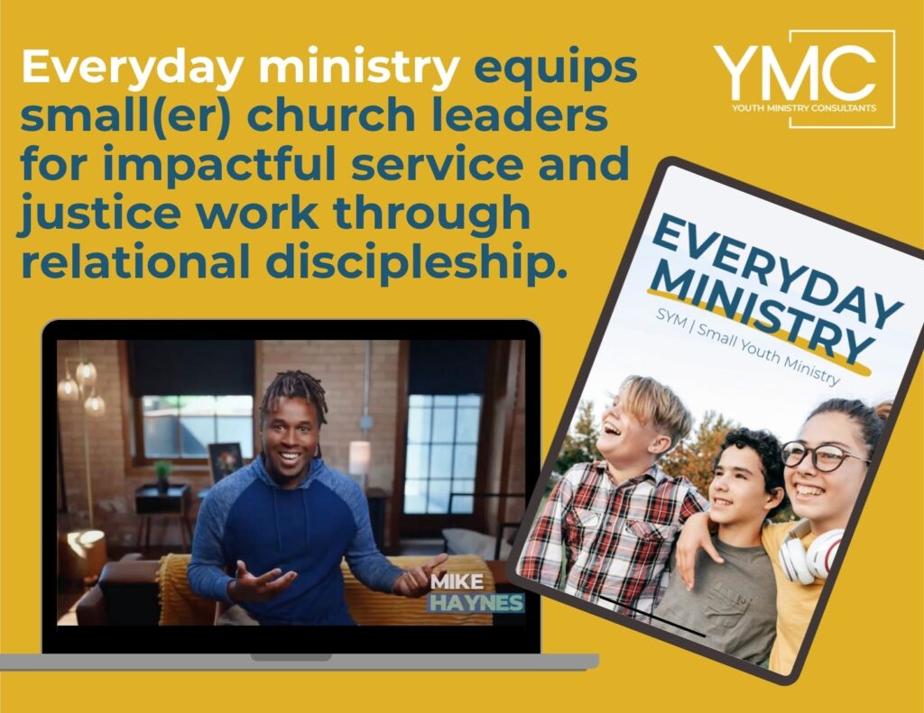 laptop showing Mike Haynes teaching smaller church leaders to lead service and justice trips with an Everyday Ministry training cover next to it.