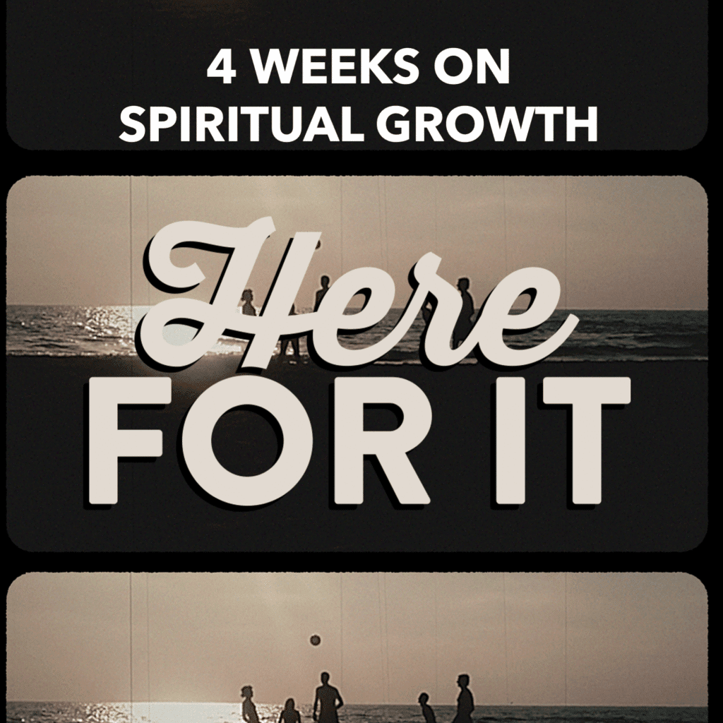 series graphic for Here For It featuring people playing on a beach with the series title overlaying