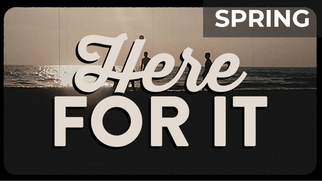 series graphic for Here For It featuring people playing on a beach with the series title overlaying