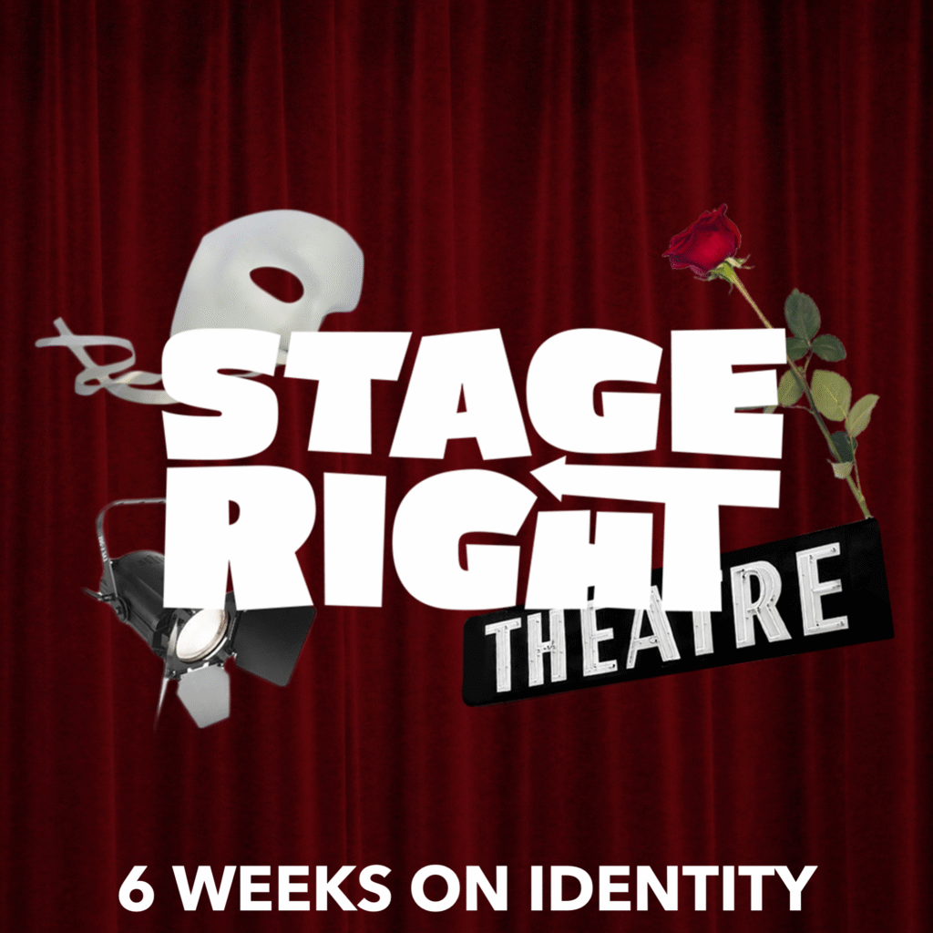 Stage Right series graphic featuring a theater curtain and a rose