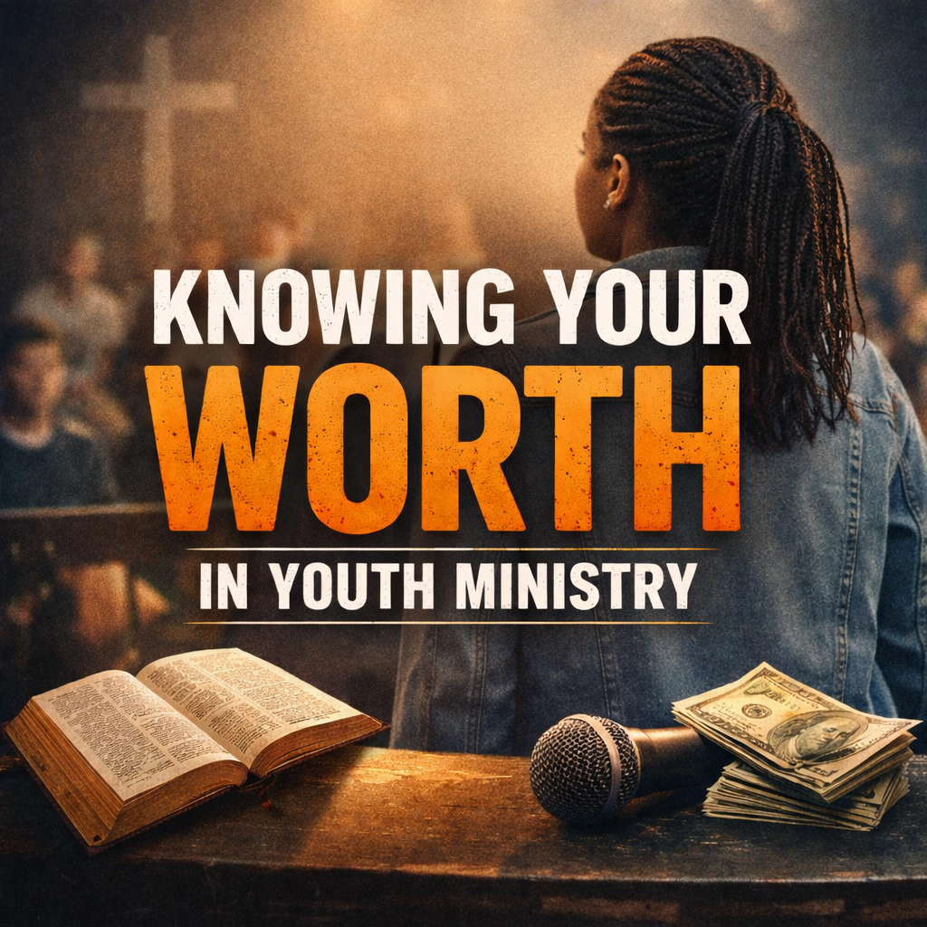 Blog post title Knowing Your Worth In Youth Ministry featuring a youth leader standing in front of her students in a youth room