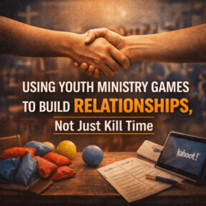 Youth ministry games blog graphic showing students interacting during group games, highlighting how games build relationships and connection in youth ministry.