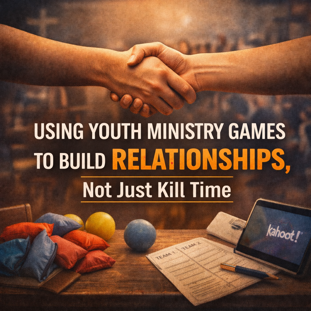 Youth ministry games blog graphic showing students interacting during group games, highlighting how games build relationships and connection in youth ministry.