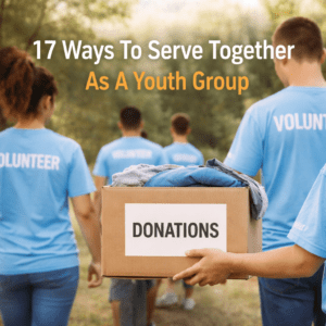 blog graphic showing a youth group wearing volunteer shirts while holding a donation box