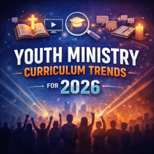 blog post image for youth ministry curriculum trends for 2026 featuring a crowd of teenagers