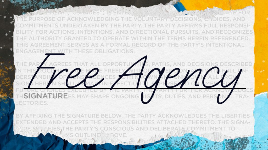 youth series promo featuring a piece of paper with the word Free Agency handwritten on it