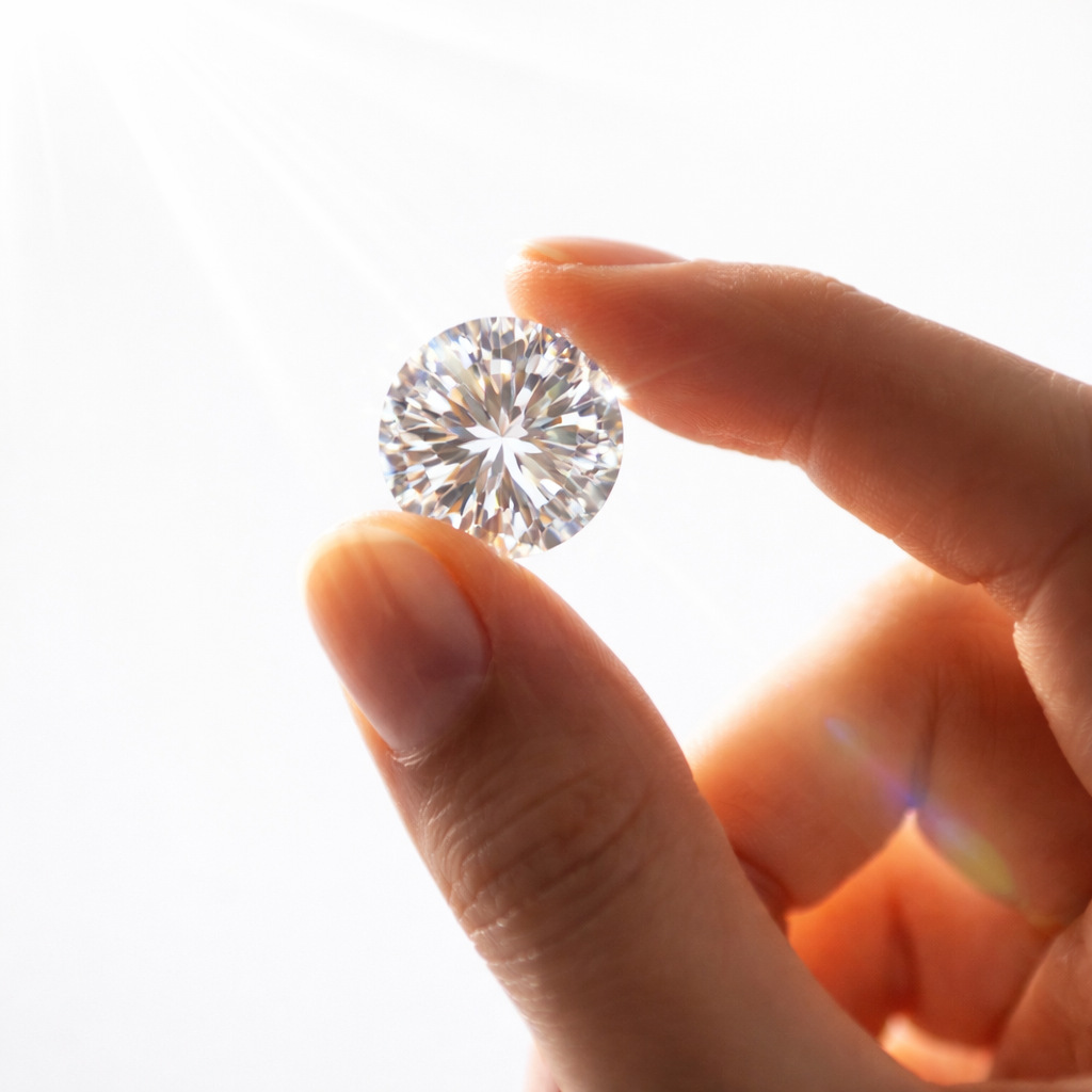 hand holding up a glimmering diamond in the light