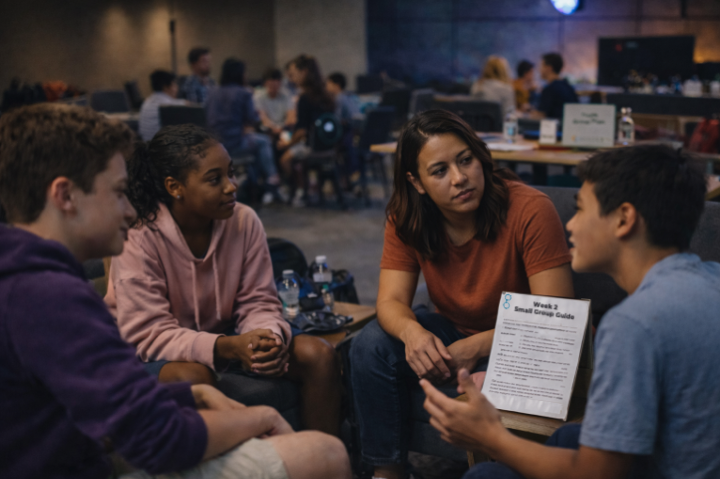 youth leader intently listening in small groups with students as a G Shades small group discussion guide stands nearby on an A frame stand