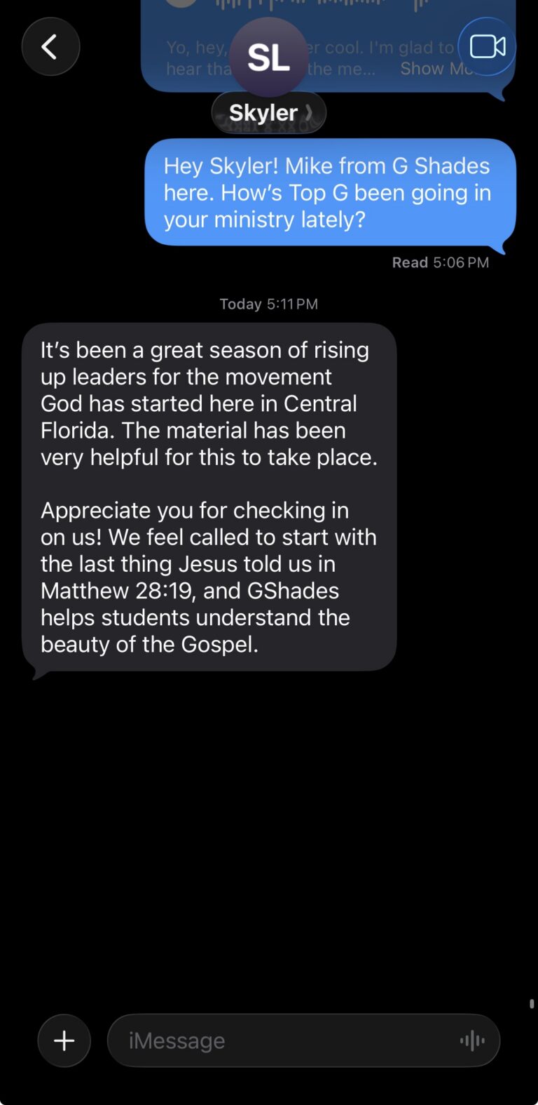 text message screenshot between the owner of G Shades and a youth pastor named Skyler wherein Skyler shares that G Shades Top G is working great in his ministry.