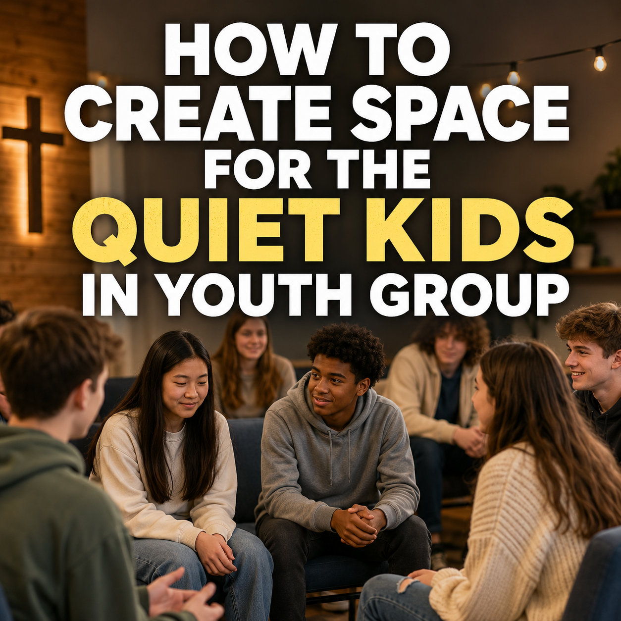 Diverse group of teenagers sitting in a youth group circle with the title “How to Create Space for the Quiet Kids in Youth Group.”