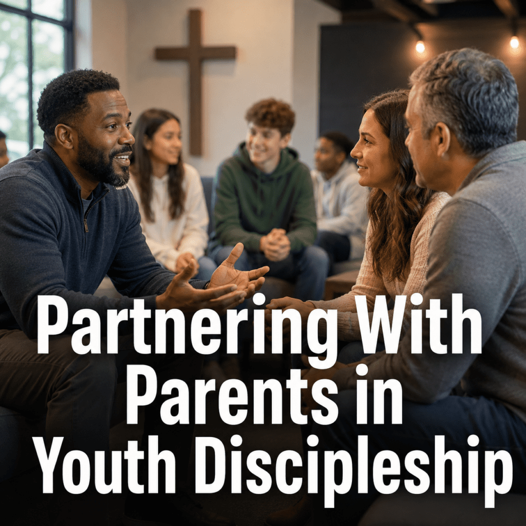 group of parents, students, and a youth ministry leader sitting together in conversation with the title “Partnering With Parents in Youth Discipleship.”
