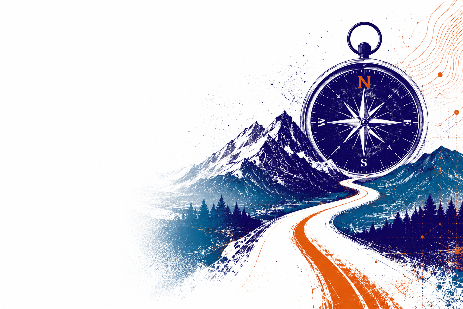 compass showing true north through a mountain range