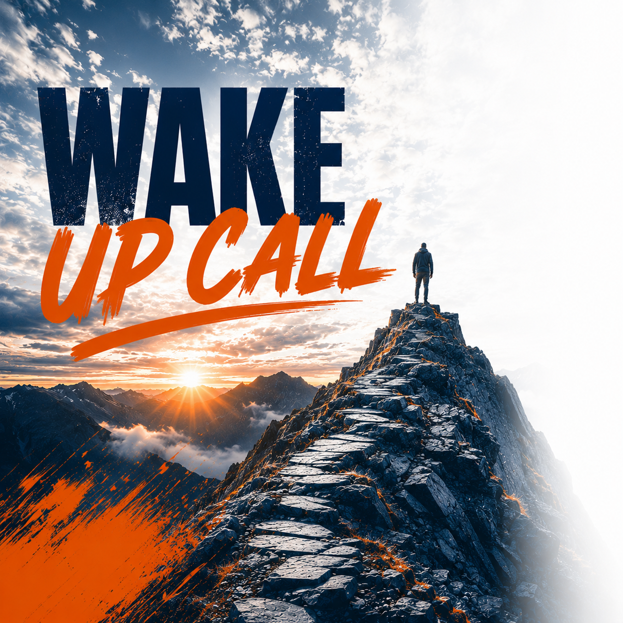 Square graphic for the “Wake Up Call” spiritual development pathway featuring bold navy and orange typography over a dramatic sunrise breaking through dark clouds across a mountainous landscape. A glowing path stretches toward the horizon, symbolizing spiritual awakening, renewed passion, and movement toward Jesus. The cinematic lighting, vibrant orange accents, and rugged textures reinforce themes of revival, urgency, and re-engaged faith.