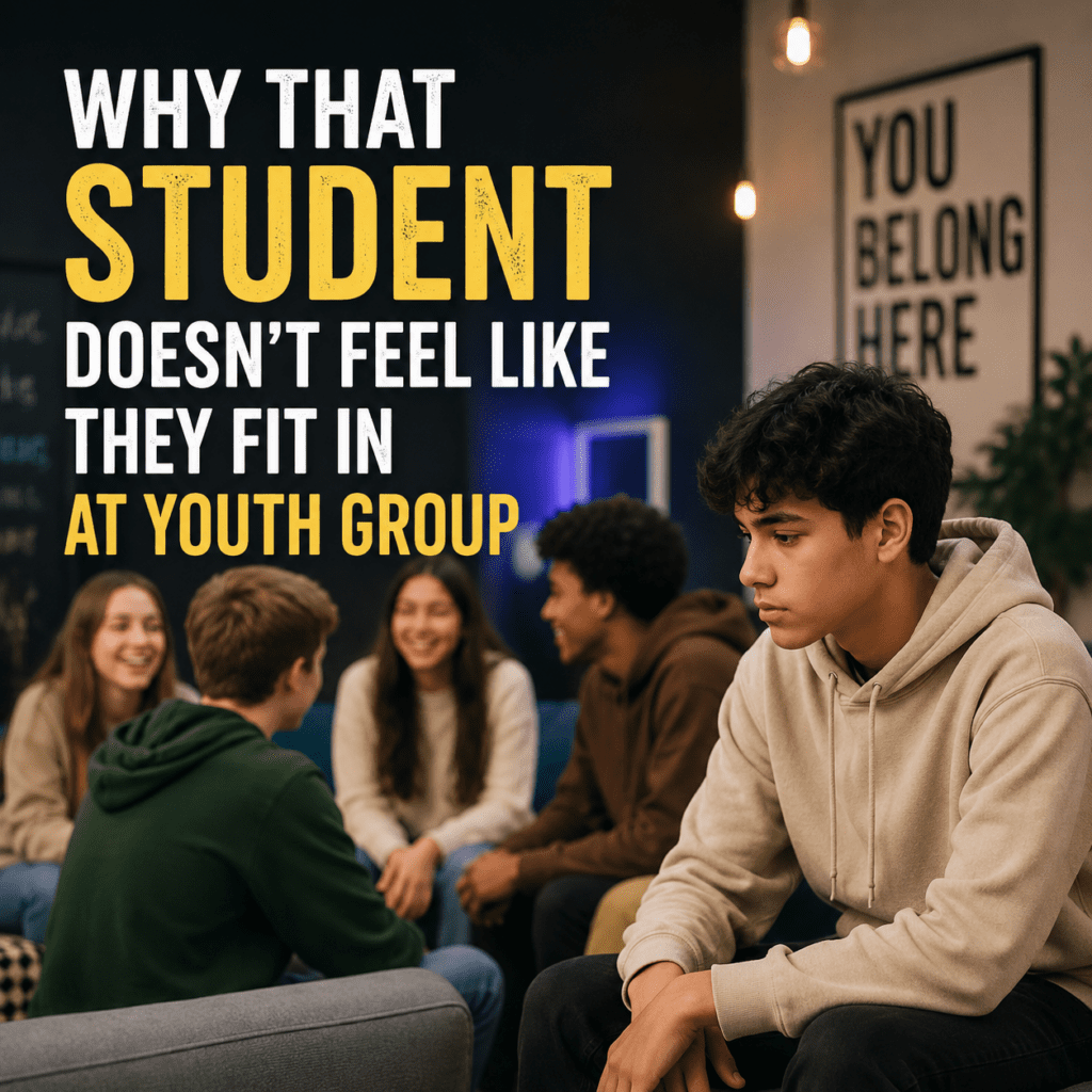 Teen sitting apart from a diverse group of students in a youth group room, with the title “Why That Student Doesn’t Feel Like They Fit In at Youth Group.”