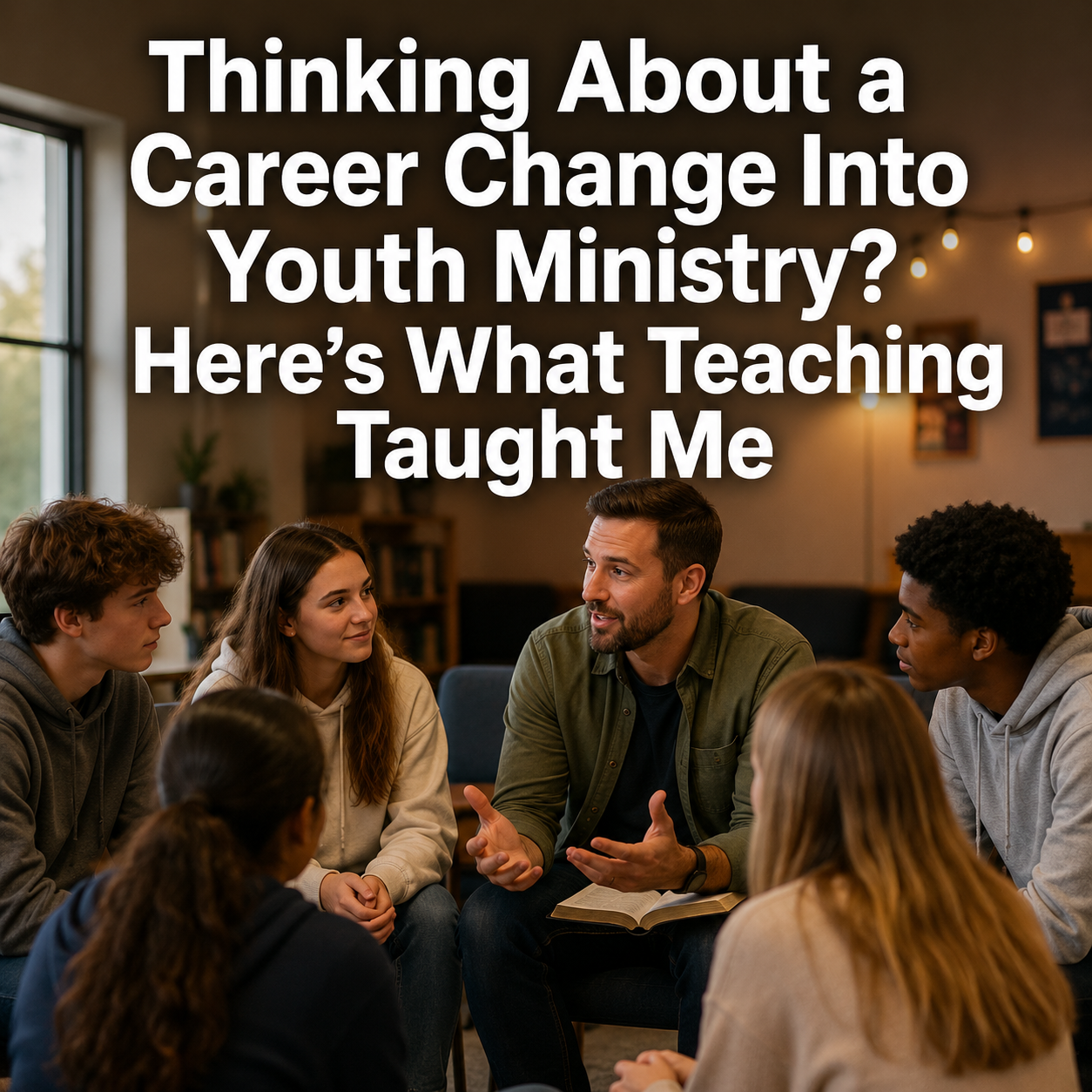 Youth pastor leading a small group discussion with diverse teenagers in a cozy youth ministry space, with the title “Thinking About a Career Change Into Youth Ministry? Here’s What Teaching Taught Me.”