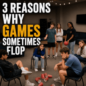 Teenagers looking bored and disengaged during a youth group game, with the title “3 Reasons Why Games Sometimes Flop.”