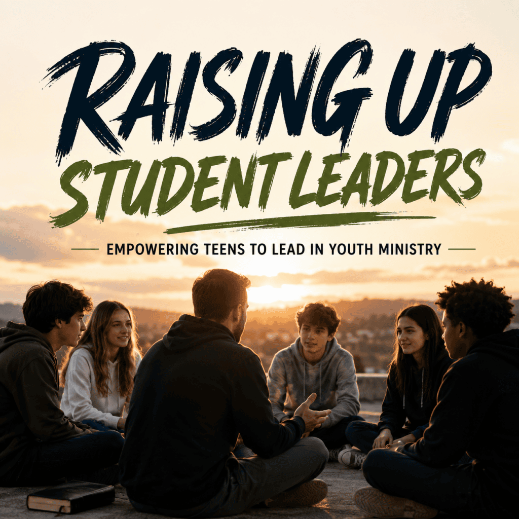 Youth pastor sitting with a diverse group of teenagers at sunset, with the title “Raising Up Student Leaders” and subtitle “Empowering Teens to Lead in Youth Ministry.”