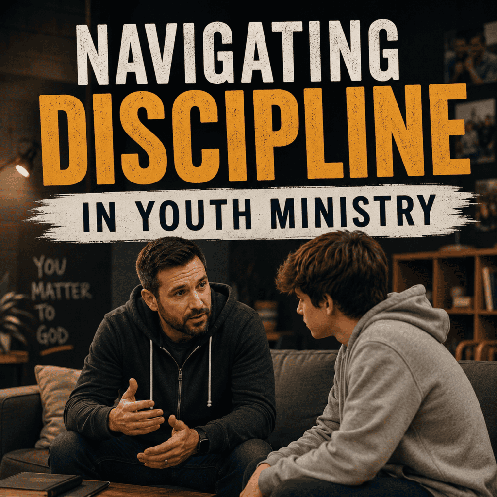 Youth leader having a calm one-on-one conversation with a student in a youth ministry space, with the title “Navigating Discipline in Youth Ministry.”