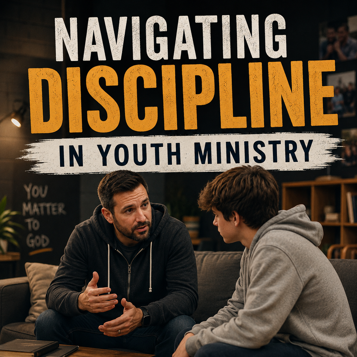 Youth leader having a calm one-on-one conversation with a student in a youth ministry space, with the title “Navigating Discipline in Youth Ministry.”