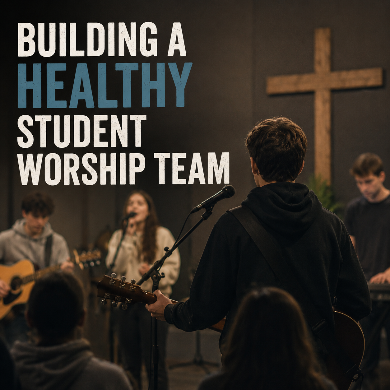 Student worship team leading music in a youth ministry room with the title “Building a Healthy Student Worship Team.”