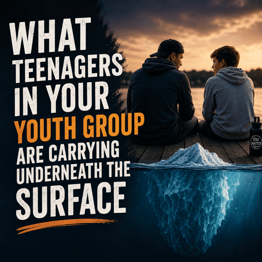 Youth leader talking with a teenager near an iceberg, representing what students carry beneath the surface.