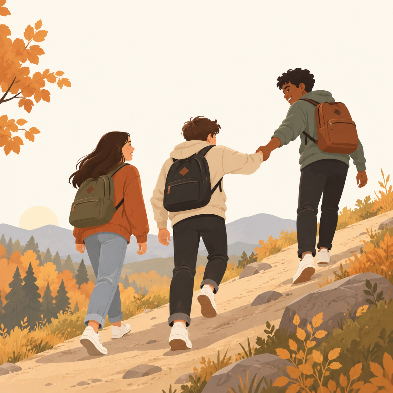 Three teenage friends support each other as they walk uphill on an autumn trail.