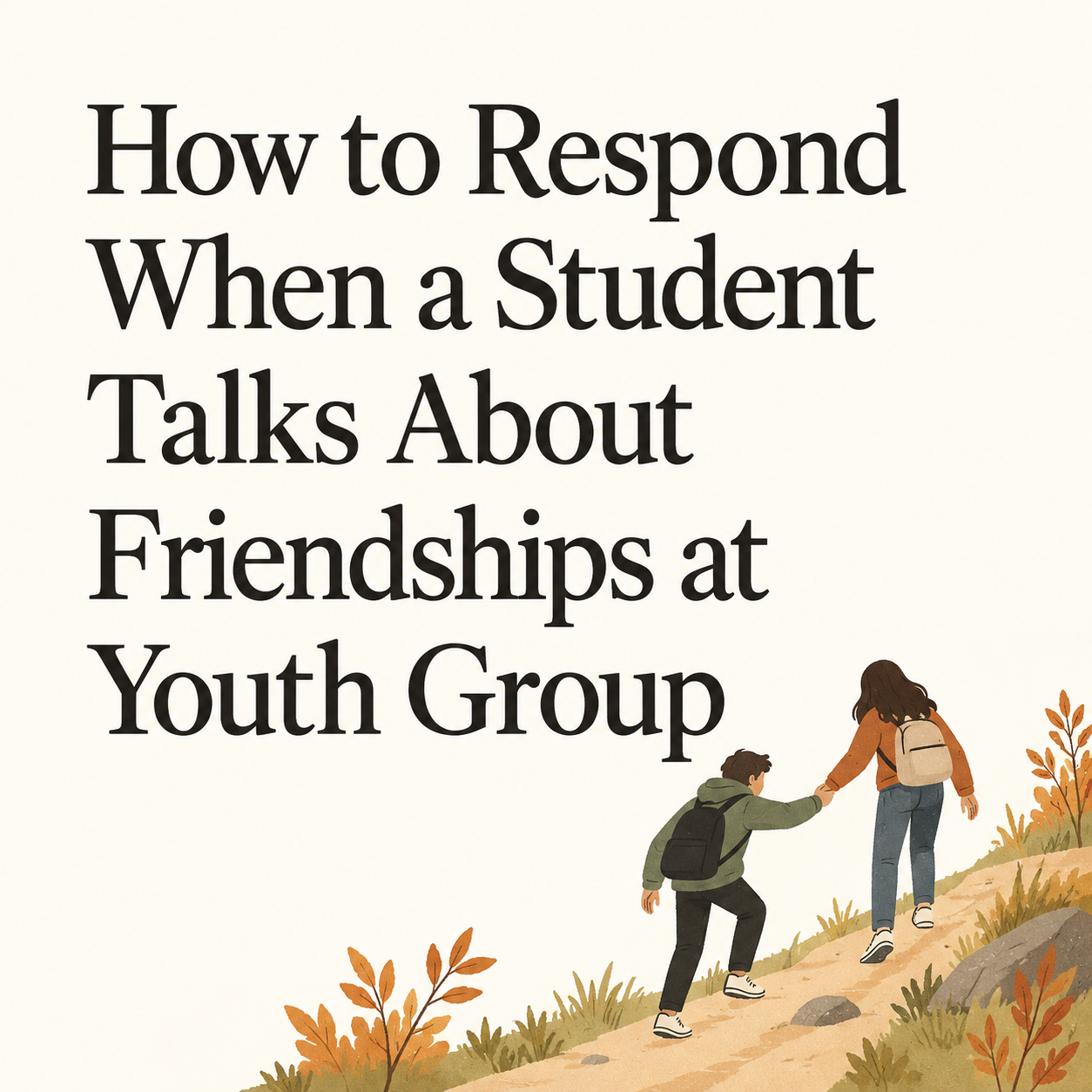 How to Respond When a Student Talks About Friendships at Youth Group — title graphic with friends helping each other uphill.