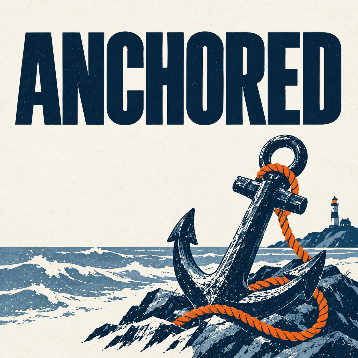 Anchored pathway: an anchor with orange rope beside a lighthouse on a beige background.