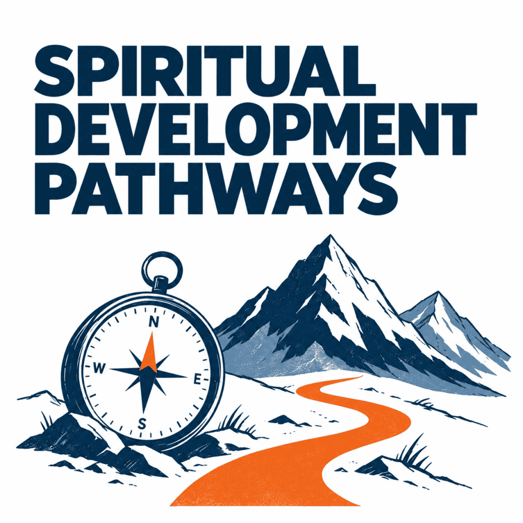 Spiritual Development Pathways with a compass, mountain peaks, and an orange path on a white background.