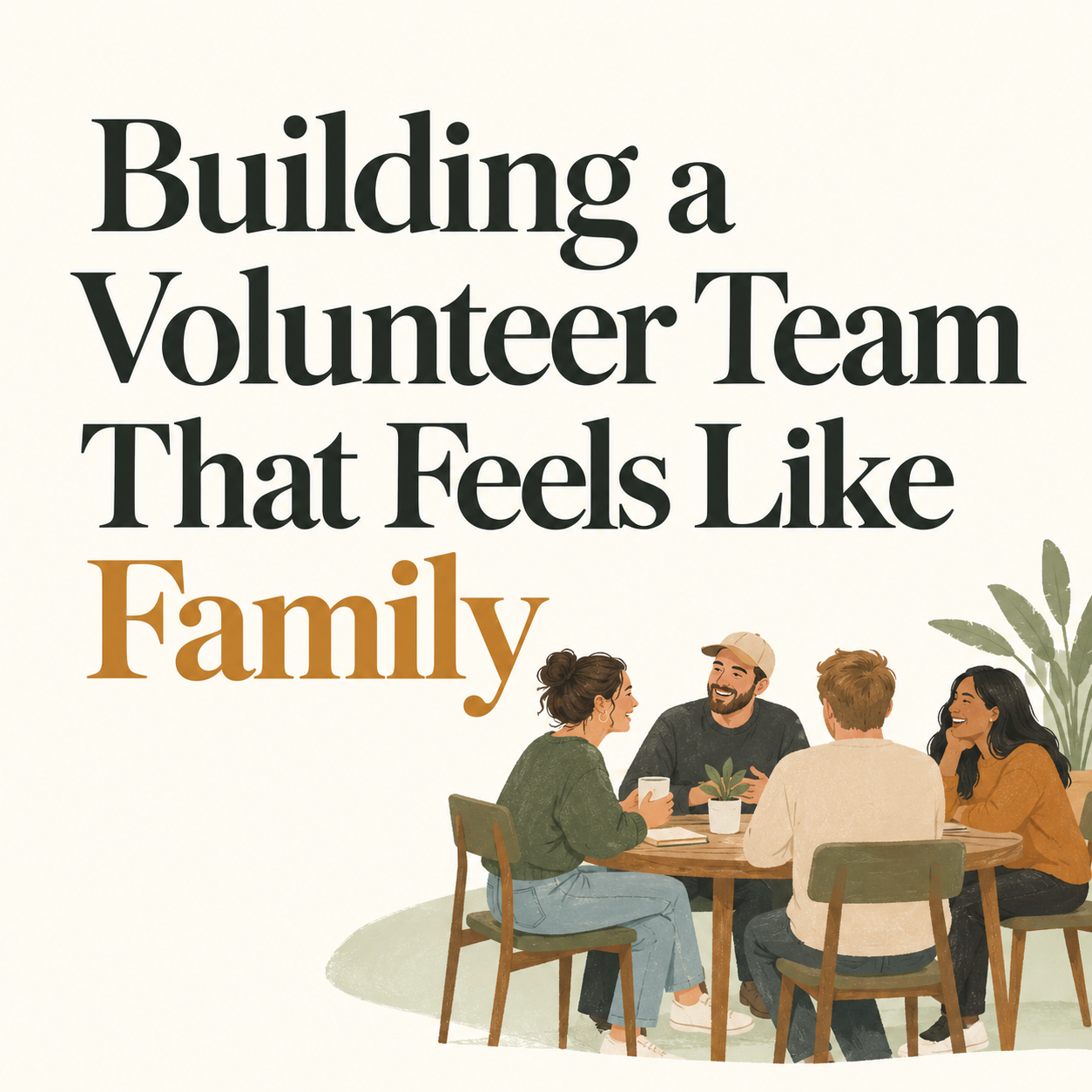Building a Volunteer Team That Feels Like Family — square title graphic with volunteers gathered around a table.